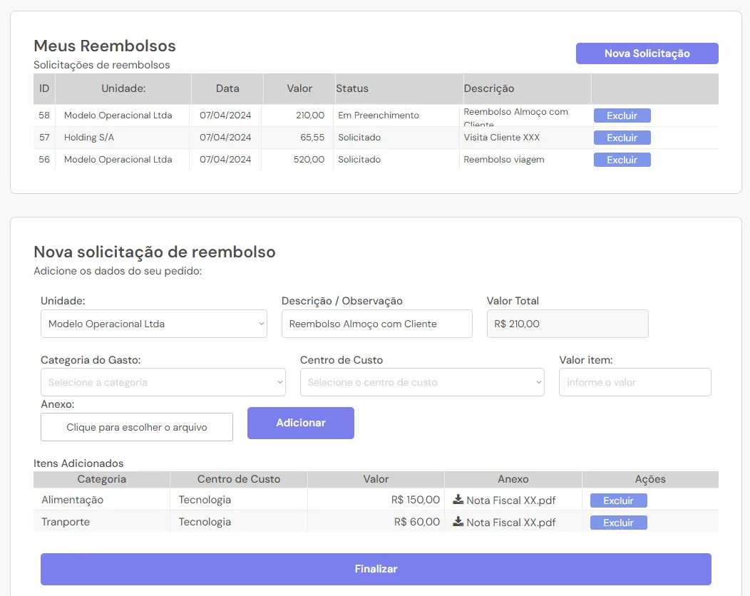 Gestão de reembolsos do FinDrive com aprovação e registro