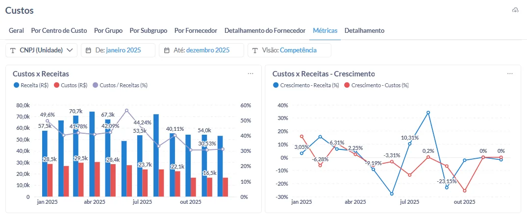 Dashboard de custos do FinDrive: custos x receitas e crescimento mês a mês